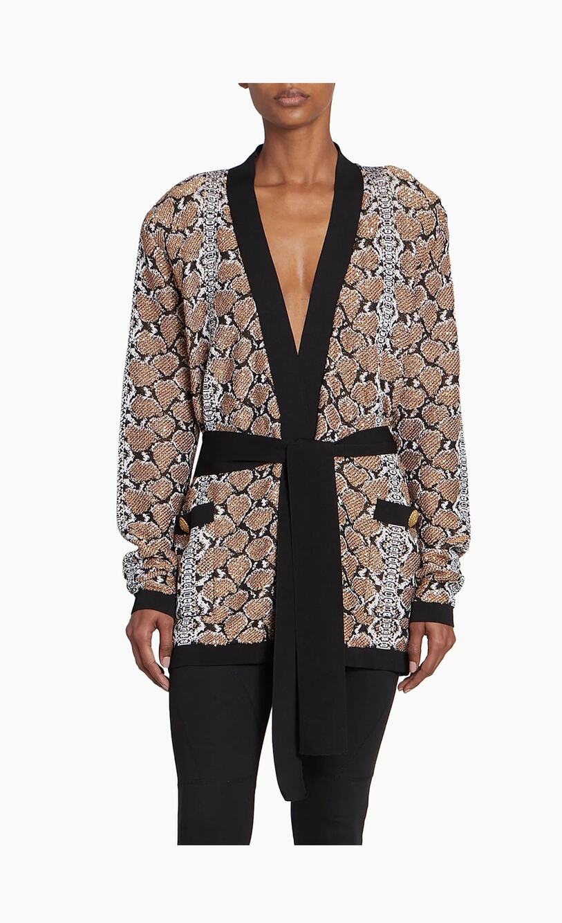Balmain Glitter Python Print Belted Cardigan in Noir Camel Blanc FR 44 US 12